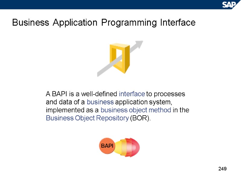 249 Business Application Programming Interface A BAPI is a well-defined interface to processes and